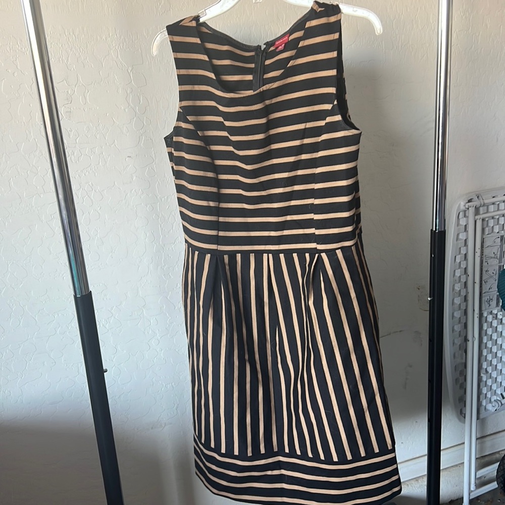 Sleeveless Black/Tan Striped Mid Length Dress